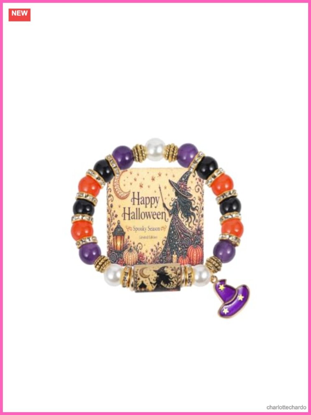 Halloween Stretch Beaded Bracelet with Ghost Pumpkin Witch Hat Spider Charms